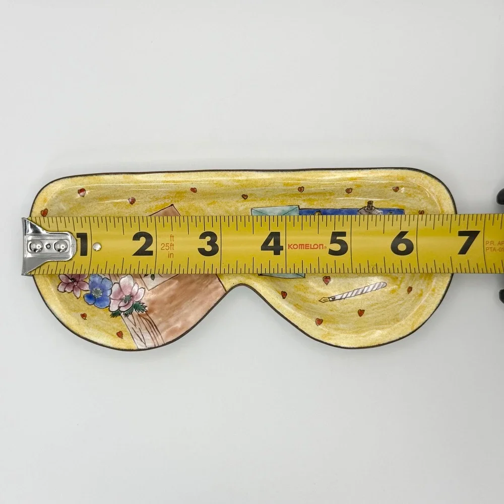 Empress Arts 2002 Handpainted Enamel Trinket Eyeglass Tray Yellow Floral‎ Hearts